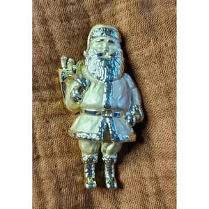 Vintage AJC Large Satin Gold Santa Claus Brooch Sack Christmas Toys Christmas
